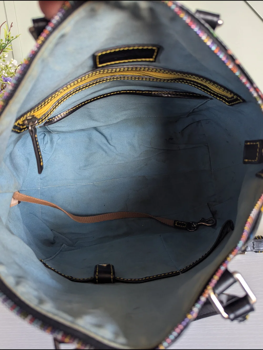 Dooney & Bourke Black Satchel with Multicolor DB Logo Print